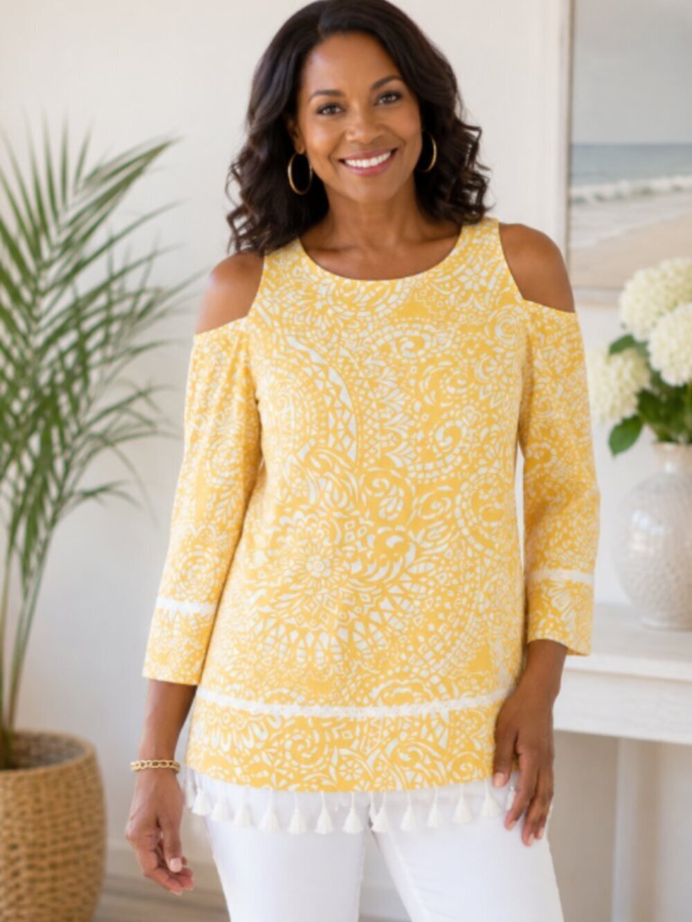 Chico's Mosaic Cold Shoulder Tassel Top Crochet Detail Yellow Size L